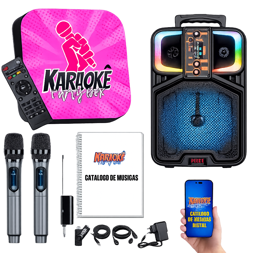 Karaokê Party Box Profissional completo com caixa de som e microfones